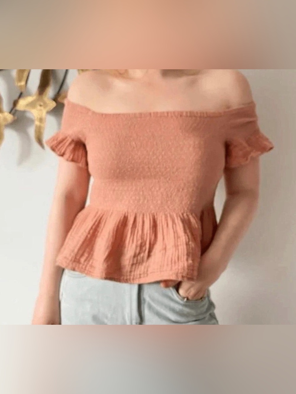 American Eagle Off-Shoulder Smocked Peplum Top - Rust Pink